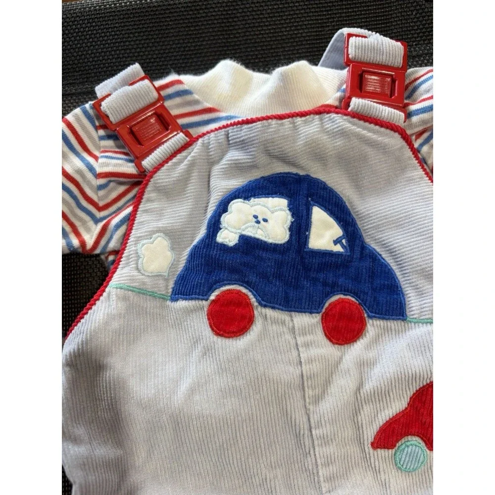 Vintage 2pc Footed Cotton Coverall + Striped Shirt Cars Applique 3-6 Months